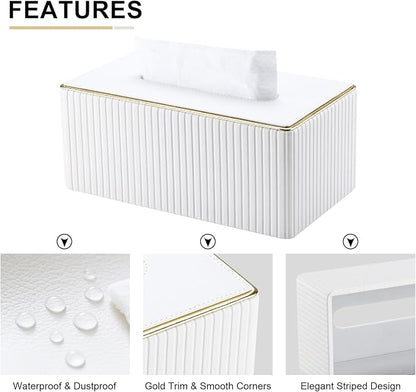 KINGFOM Rectangular Tissue Box Cover, PU Leather Tissue Box Holder with Magnetic Bottom, Napkin & Facial Tissue Holder Dispenser Decorative Box Cover for 120-count (3-Ply) 160-count (2-Ply) White