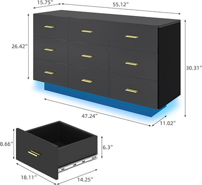 9 Drawer Dresser for Bedroom, 55'' W Highly Reflective Modern Chest of Drawers with LED Light, Wooden Dresser Organizer Cabinet for Living Room, Entryway (Black)