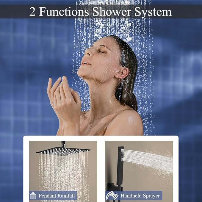 12 Inch Matte Black Ceiling Mount Shower System Bathroom Luxury Rain Mixer Shower Combo Set Ceiling Rainfall Shower Head System Faucet Contain Rough-in Valve and Trim Included