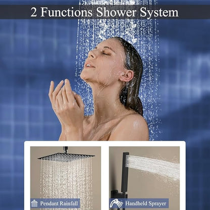 12 Inch Matte Black Ceiling Mount Shower System Bathroom Luxury Rain Mixer Shower Combo Set Ceiling Rainfall Shower Head System Faucet Contain Rough-in Valve and Trim Included