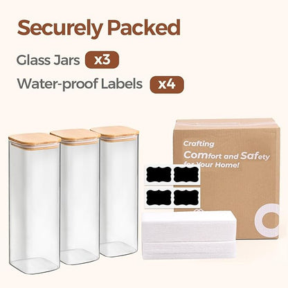 ComSaf Glass Spaghetti Pasta Storage Containers with Lids 2.2 Qt Set of 3, Tall Clear Airtight Food Storage Jar with Lid for Noodles Flour Oat Cereal Sugar Beans, Sqaure Spaghetti Pantry Containers