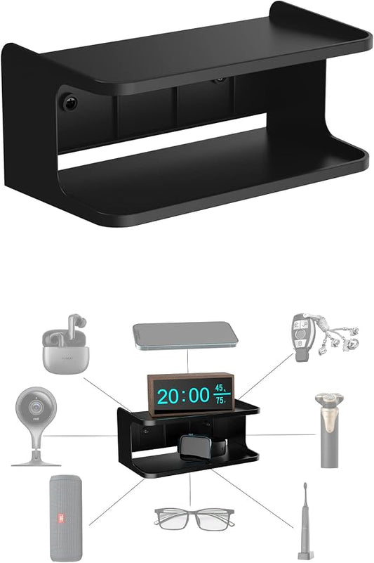 Bedside Wall Shelf Organizer Small Bedside Shelf Wall Mount for Bed Universal Stick on Wall Shelf Double Tray Holder for Storing Cellphone, Glasses, Keys, Camera, Alarm Clock (Black)