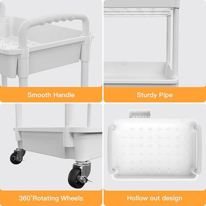 4 Tier Rolling Utility Cart with Handle,REBECAT Utility Cart Made of Multifunctional Storage Organizer Tool for Kitchen,Bathroom,Living Room,Office(White)