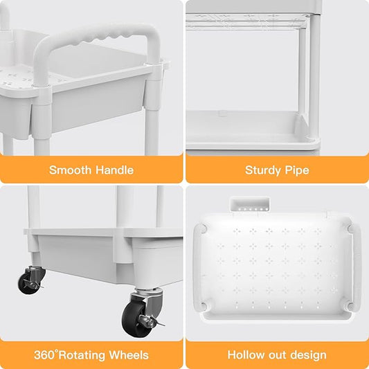 3 Tier Rolling Utility Cart with Handle,REBECAT Utility Cart Made of Multifunctional Storage Organizer Tool for Kitchen,Bathroom,Living Room,Office(White)