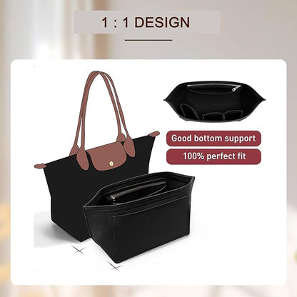 Doxo Felt Purse Organizer Insert Compatible with Longchamp Lepliage Large and More, Felt Bag Liner Keeps Tote Handbags Shaped & Neat (Black,Large)