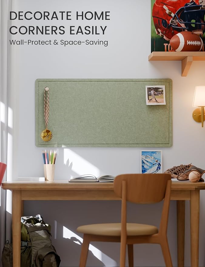 Fluxynara Bulletin Board, 35" x 17.5" Cork Board Alternative with 12 Safe Removable Adhesive Tabs, Foldable Felt Pin Board for Home Office, Classroom, Bedroom,Entryway for Walls— Sage