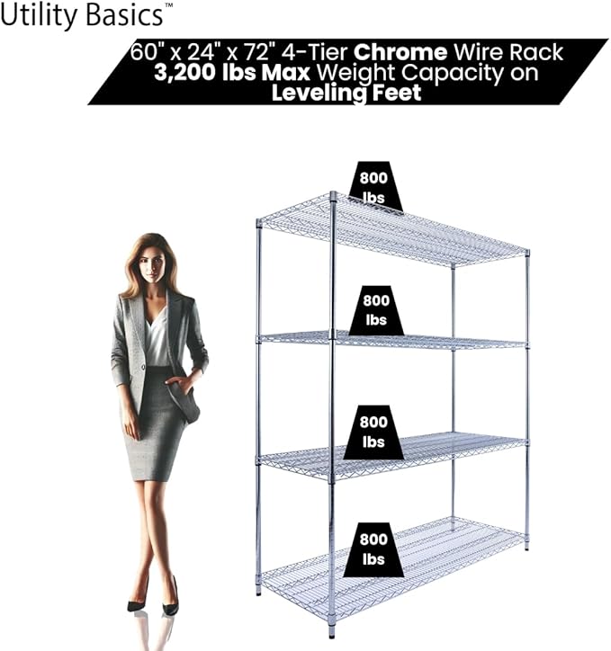 Utility Basics NSF Commercial 4-Tier Wire Shelving with Wheels, 60"x24"x72" Heavy Duty Metal Shelves 3200 lbs Max Capacity, Chrome Storage Rack for Garage Kitchen Pantry Warehouse