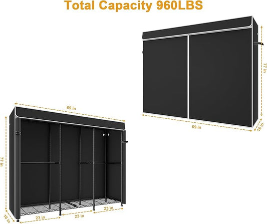 ULIFHOME E14C Pro Heavy Duty Closet Organizer System，Freestanding Clothing Racks for Hanging Clothes，Adjustable Garment Rack 69" W × 16" D × 77" H Hold 960 lbs，Black Rack with Black Dustproof Cover
