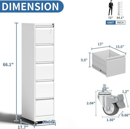 5 Drawer Mobile File Cabinet, Metal Filing Cabinet with Lock and Wheels, Home Office Rolling File Cabinets for Legal/Letter Hanging File Folders, Un-Assembled (White)