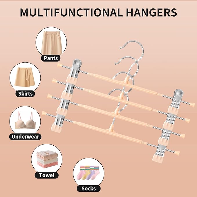 10PACK 14Inch Pants Hangers with Clips Adjustable Skirt Hangers for Women Metal Non-Slip Trousers Hanger Heavy Duty Space Saving Clothes Hanger for Shorts,Jeans,Coral Pink