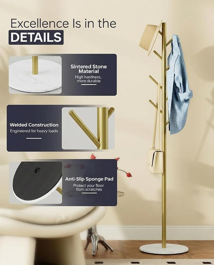 Coat Rack with 8 Hooks, 3 Adjustable Heights, Modern Hall Tree, Sturdy Metal Clothes Stand with Sintered Stone Base for Entryway, Office, Bedroom, for Coats, Hats, Handbags and Scarves, Gold