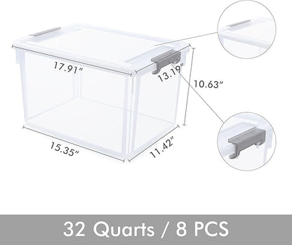 Citylife 32 QT Plastic Storage Bins with Latching Lids Stackable Storage Containers for Organizing Large Clear Storage Box for Garage, Closet, Kitchen, 8 Packs