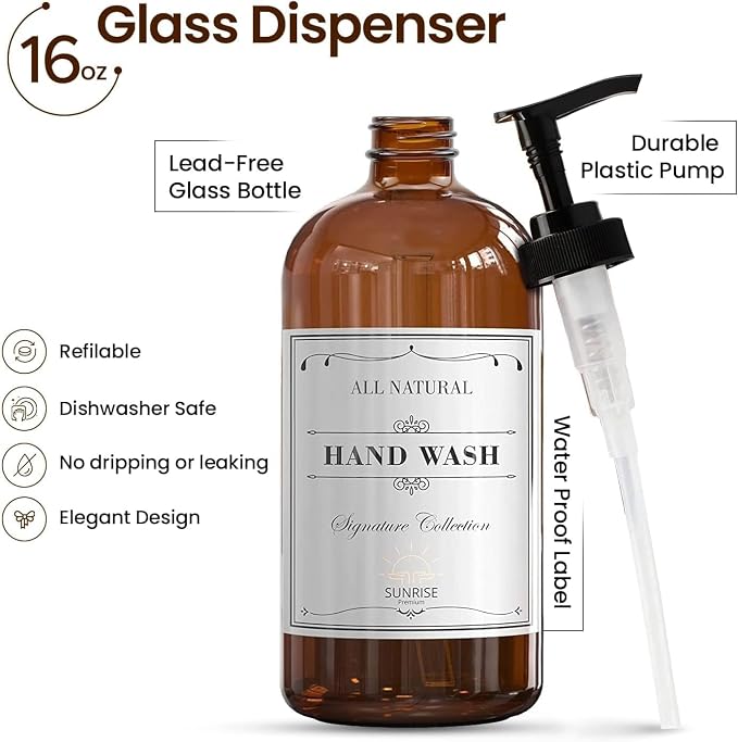 Sunrise Premium 16 OZ Amber Glass Soap Dispenser with Pump, Hand and Dish Soap Dispenser Set for Bathroom with 12 Waterproof Labels, Pack 4