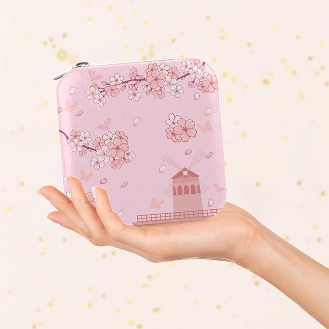 Cherry Blossom Leather Jewelry Boxes, Pink Mini Travel Jewelry Case Organizer, Elegant Jewelry Organizers and Storage with Mirror, Christmas and Birthday Present for Women's and Girls