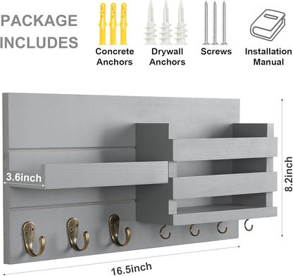 Lwenki Mail Organizer for Wall Mount – Key Holder with Shelf Includes Letter Holder and Hooks for Coats, Dog Leashes – Rustic Wood with Flush Mounting Hardware (16.5” x 8.7” x 3.5”) (Gray)