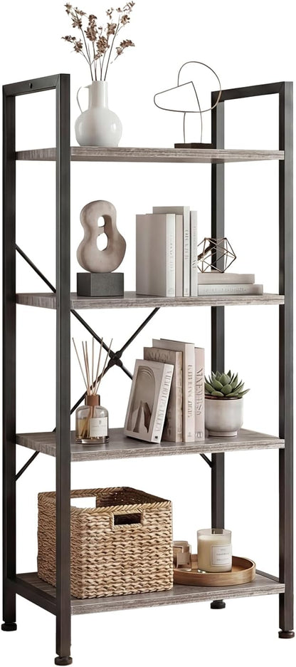 DUMOS 4 Tiers Open Bookshelf, Classic Freestanding Tall Display Shelf, Multifunctional Storage Organizer Rack for Living Room Home Office, Sturdy Bookcase for Books/Movies, Wood Grey