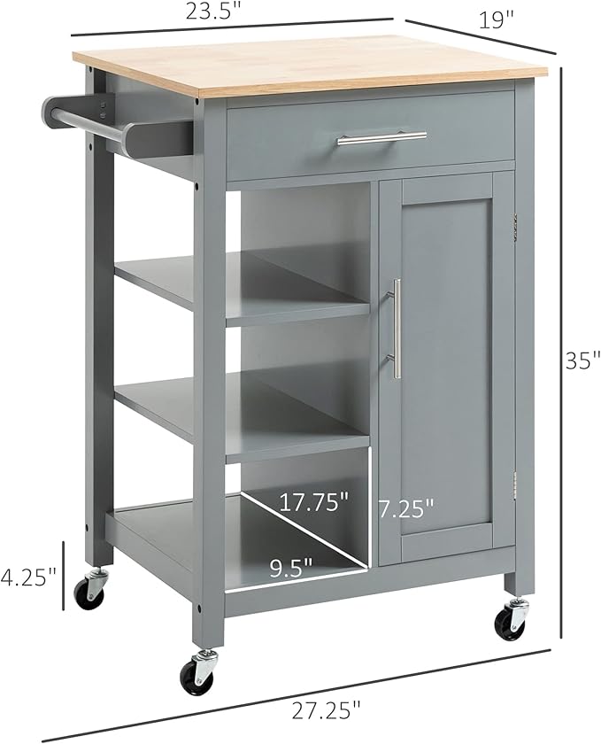 HOMCOM Kitchen Island Cart, Rolling Kitchen Island with Storage Shelf, Solid Wood Top, Drawer, for Dining Room, Gray