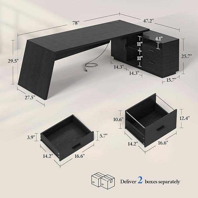78 inch L Shaped Executive Desk with Power Outlets, Large Home Office Desk with Storage Drawers and File Cabinet, Modern Computer Desk with Shelves, Black Business Furniture