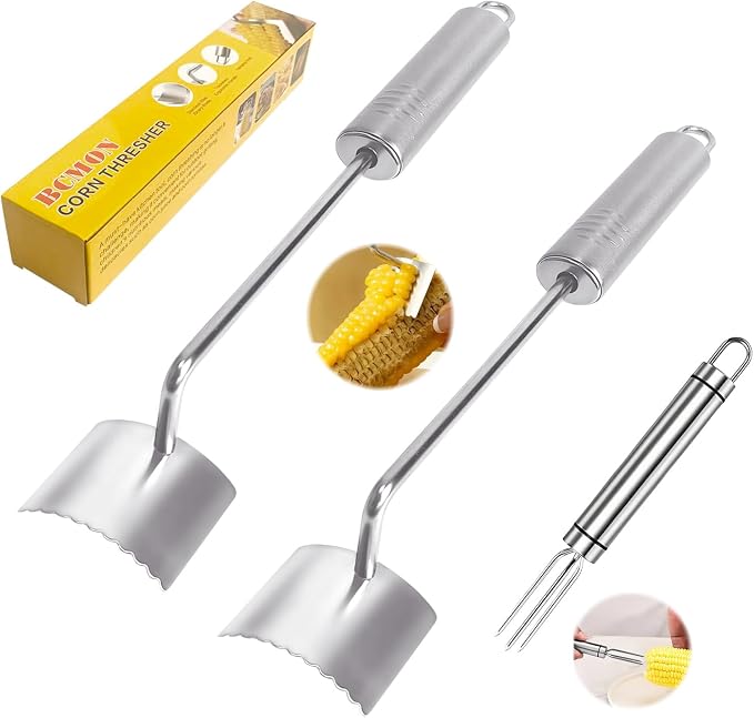 3 Pcs Corn Peeler, Stripper and Holder Set, Stainless Steel Serrated Blade Corn Remover Tool with Long Handle