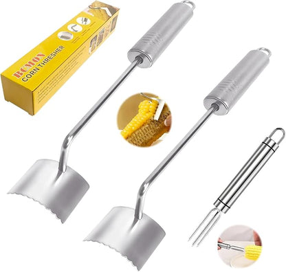 3 Pcs Corn Peeler, Stripper and Holder Set, Stainless Steel Serrated Blade Corn Remover Tool with Long Handle