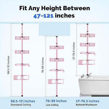 HAMITOR Corner Shower Caddy Tension Pole: Quick Installation 4-Tier Rustproof Bathroom Organizer Shelves for Bathtub Shampoo Storage - 47-121 inch Adjustable Floor Standing Bath Rack Holder - Pink