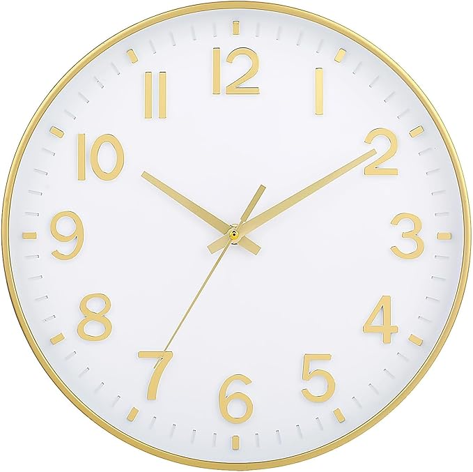 HZDHCLH Wall Clocks Battery Operated,Wall Clock White Gold,10 inch Wall Clock Silent Non Ticking Modern 3D Numbers for Office Kitchen Classroom Bedroom Living Room Decor