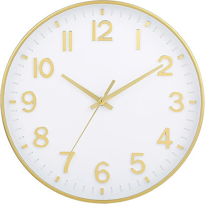 HZDHCLH Wall Clocks Battery Operated,Wall Clock White Gold,8 inch Wall Clock Silent Non Ticking Modern 3D Numbers for Office Kitchen Classroom Bedroom Living Room Decor