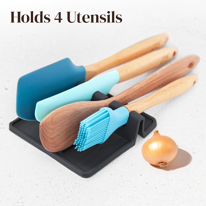 Cooler Kitchen Black Silicone Spoon Rest for Stove Top with Drip Pad (Two Pack) - Heat-Resistant, BPA-Free Utensil Rest & Spoon Holder for Kitchen Counter - Grill Utensil Holder for Spatulas