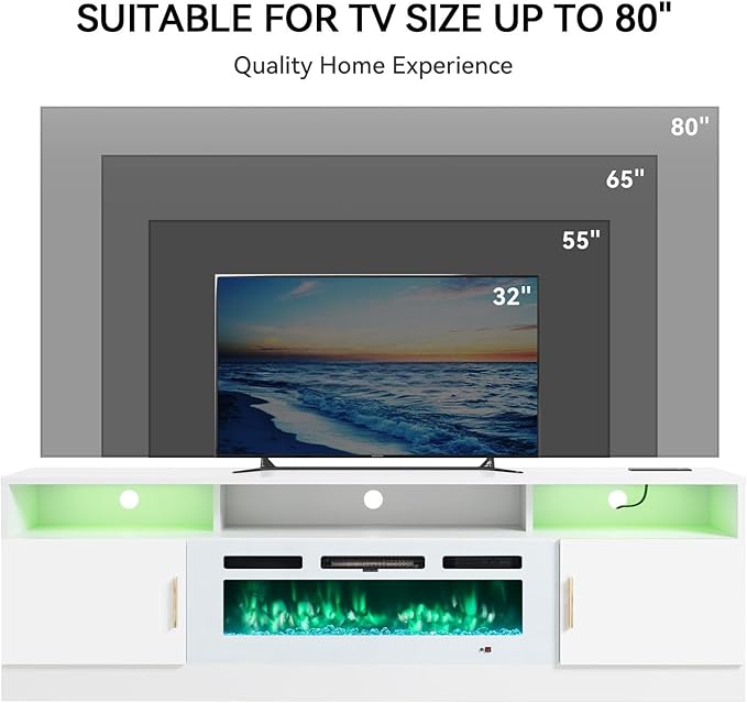 MXV 70" Fireplace TV Stand with Power Outlet for TVs UP to 80", Electric Fireplace Entertainment Center with LED Lights & Storage Cabinets, TV Console for Living Room, Office, White-White