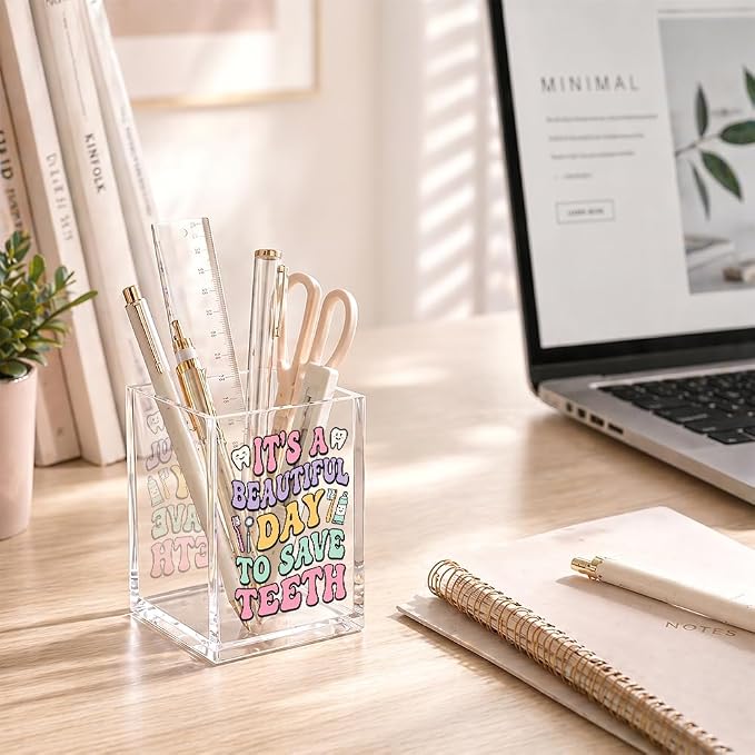It's A Beautiful Day To Save Teeth Acrylic Pencil Holder Cup, Funny Tooth Pen Holder Cup for Dentist Dental Assistant Orthodontist, Appreciation Dentist Day Gifts, Dental Office Decor Organizer