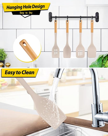 Pack of 4 Silicone Kitchen Utensils Set, Non Stick Solid Spatulas and Heat Resistant Slotted Spoons with Wooden Handle, Ideal BPA Free Cooking Utensils for Mixing,Serving,Turning,Stirring(KHAKI)