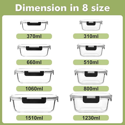 Liuruiyu 8 Pack Glass Food Storage Containers with Lids, Meal Prep Containers, Airtight Bento Boxes with Leak Proof Locking for Microwave, Oven, Freezer and Dishwasher, BPA Free