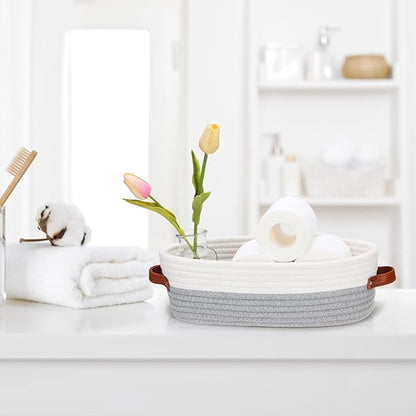 Bathroom Countertop Organizer Basket, Cotton Rope Woven Storage Basket Toilet Paper Decorative Basket for Bathroom, Bedroom, Living Room, Entryway 13"x6.3"x4.3" (Off White/Gray)