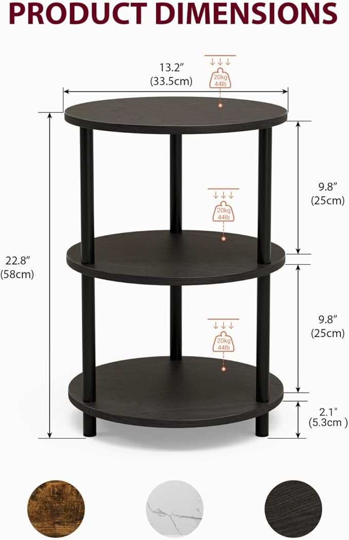 XBurmo Small Round End Table - 3 Tier Design Accent Table, Narrow Side or Bedside Stand, Industrial Vintage Nightstand for Bedroom, Living Room, or Small Spaces, Set of 2, Charcoal Wenge