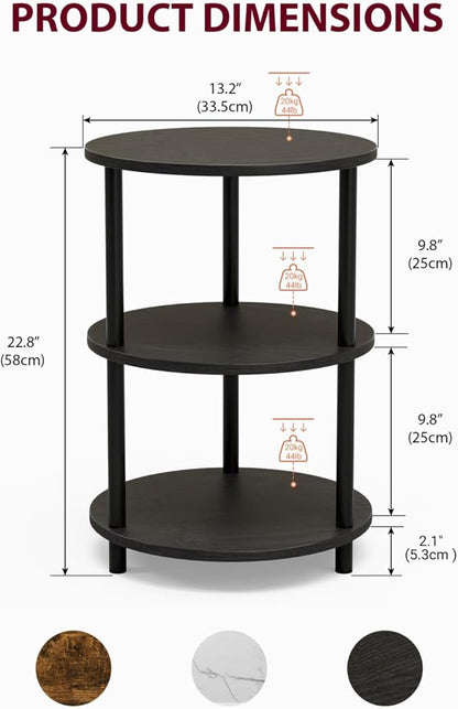 XBurmo Small Round End Table - 3 Tier Design Accent Table, Narrow Side or Bedside Stand, Industrial Vintage Nightstand for Bedroom, Living Room, or Small Spaces, Set of 2, Charcoal Wenge