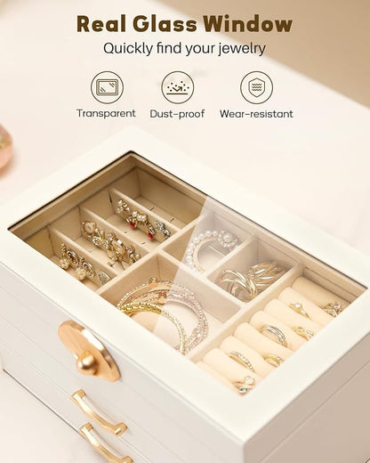 Jewelry Box with 2 Drawers: Display Organizer for Earrings Necklaces - Gift for Girls Women (White)