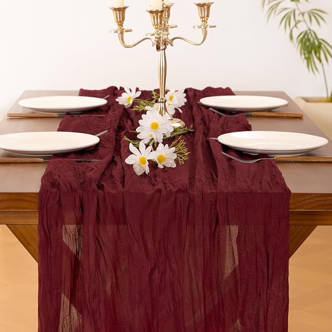 Socomi 3pcs Burgundy Red Valentine's Day Cheesecloth Table Runner Boho Rustic Gauze 120 inch 10FT Cheese Cloth Runner for Wedding Party Baby Shower Birthday Home Decor Holiday Decorations