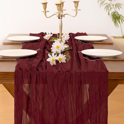 Socomi Burgundy Red Valentine's Day Table Runner Cheesecloth Boho Rustic Gauze 120 inch 10FT Cheese Cloth Runner for Wedding Party Baby Shower Birthday Home Decor Holiday Decorations