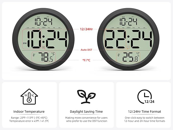 Digital Wall Clock Battery-Operated, 8 Inch Small Decorative Modern Wall Clock with Date, Temperature, Auto-DST, Silent Electric Wall Clock for Bedroom, Living Room, Kitchen, Office, Farmhouse -Black