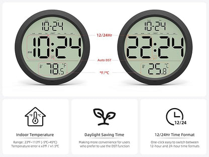 Digital Wall Clock Battery-Operated, 8 Inch Small Decorative Modern Wall Clock with Date, Temperature, Auto-DST, Silent Electric Wall Clock for Bedroom, Living Room, Kitchen, Office, Farmhouse -Black