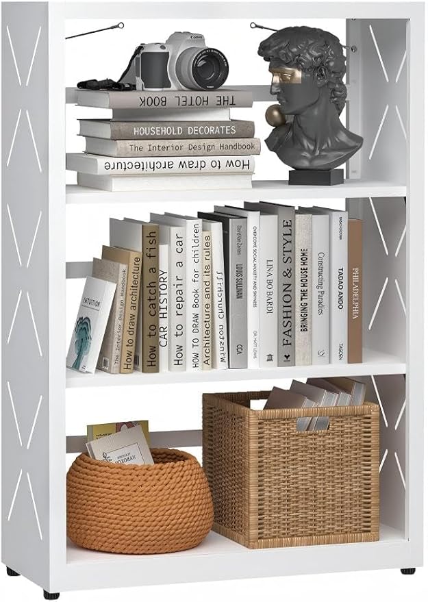 METALOONG 3 Tier Metal Book Shelf, Adjustable Bookcase with Anti-Tip Device & Leveling Feet, Heavy-Duty White Corner Bookshelf for Home Office, Bedroom, Garage