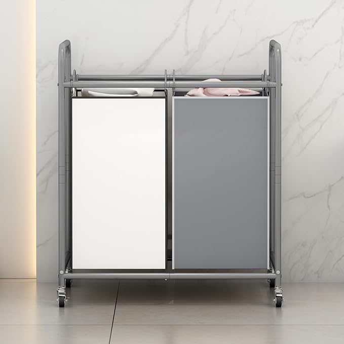 SUOERNUO Laundry Sorter Basket 2 Bag Laundry Hamper Cart with Rolling Lockable Wheels and Removable Bags Laundry Organizer Cart for Clothes Storage (Grey+Beige, 2 Bags)