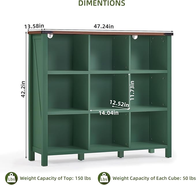 9 Cube Storage Organizer, Farmhouse 47 Inch Wide Vintage Green Bookshelf, Wooden 3 Tier Display Large Open Book Shelf, Rustic Bookcase for Home Office, Cubby Storage Cabinet for Living Room