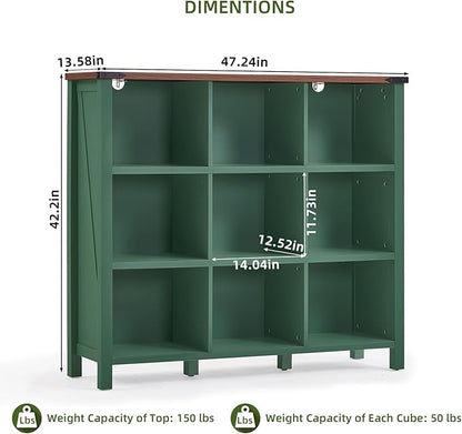 9 Cube Storage Organizer, Farmhouse 47 Inch Wide Vintage Green Bookshelf, Wooden 3 Tier Display Large Open Book Shelf, Rustic Bookcase for Home Office, Cubby Storage Cabinet for Living Room