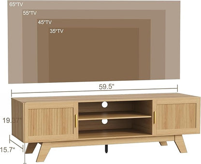 ChooChoo 59.5" Fluted TV Stands for 65 Inch TV, Mid Century Modern Entertainment Center with Storage and Adjustable Shelf, Long TV Console Media Table for Living Room, Bedroom, Natural Oak
