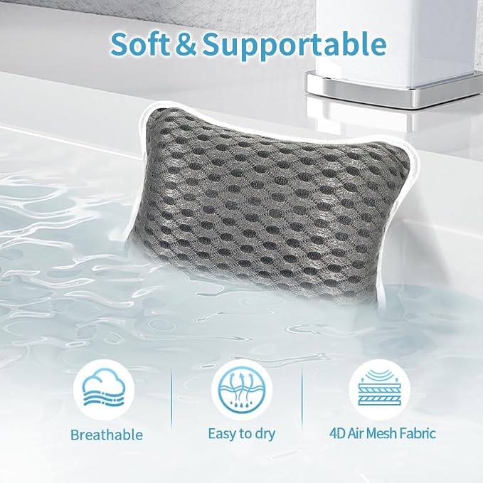 Luxury Bath Pillows for Tub, Slip Resistant Waterproof Bath Pillows for Tub Neck and Back Support with 2 Strong Suction Cups, Relaxing Spa Essentials (Dark Grey)