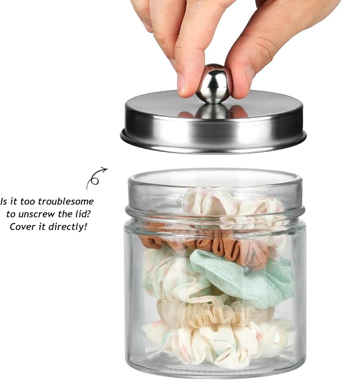 SheeChung 2-Pack Brushed Nickel Mason Jar Qtip Holder - Glass Apothecary Jars Bathroom Organizer - Rust-Proof Stainless Steel Lid for Cotton Swabs, Balls, Pads, Flossers - Modern Farmhouse Decor