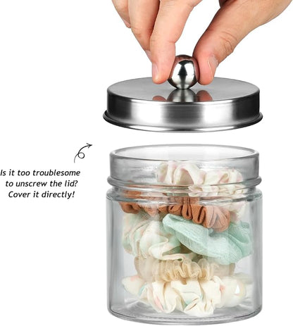 SheeChung 2-Pack Brushed Nickel Mason Jar Qtip Holder - Glass Apothecary Jars Bathroom Organizer - Rust-Proof Stainless Steel Lid for Cotton Swabs, Balls, Pads, Flossers - Modern Farmhouse Decor