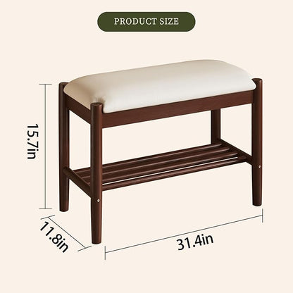 Solid Wood Shoe Bench with Cushion, 2-Tier Shoe Rack for Front Door Entrance, Enterway Benches with Shoe Storage (Walnut, 31.5in)