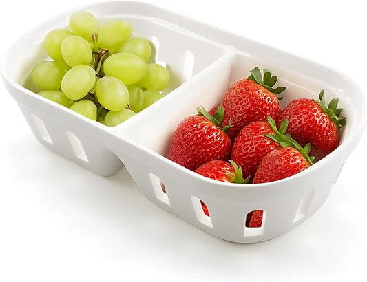 KBVASOTZ Ceramic Berry Basket, 2 in 1 Square Fruit Bowl with Holes, Ceramic Colander for Kitchen, Refrigerator, Counter, Holds Berries, Strawberries, Grapes, Cherries, Vegetables (White)